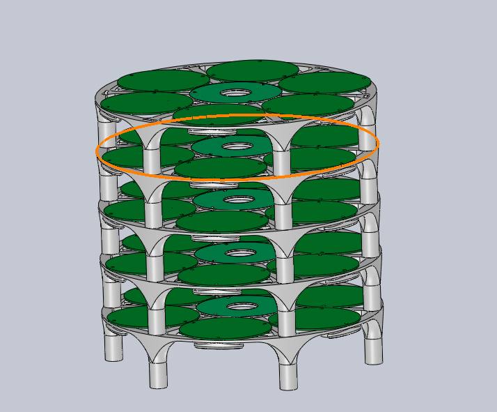 CAD render of the Hivemind rack: five round levels stacked on legs, each holding six green circular node boards around a central ring